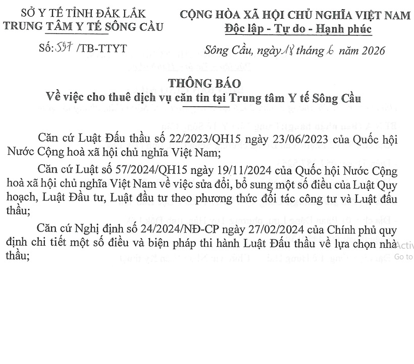 Thông báo cho thuê dịch vụ căn tin tại TTYT Sông cầu